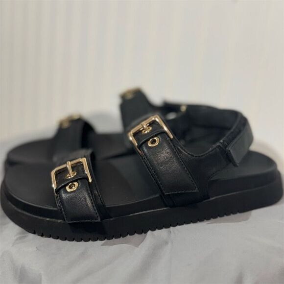 Madden Girl Black Double Buckle Sandals Women’s Size 7 Gold Hardware Slip On - Picture 2 of 6